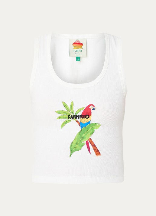 Farm Rio Macaw cropped tanktop met print en logoborduring - voorkant 3 gebroken wit