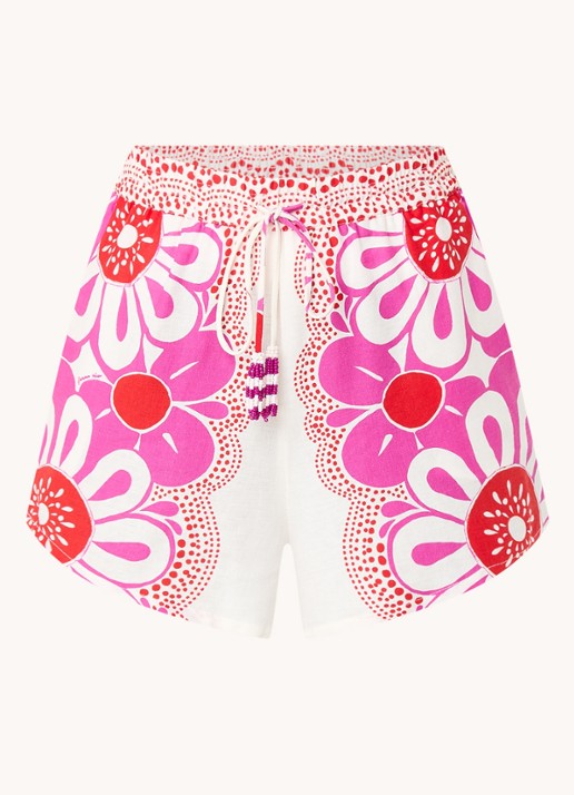 Farm Rio Maia loose fit korte broek in linnenblend met bloemenprint - voorkant fuchsia
