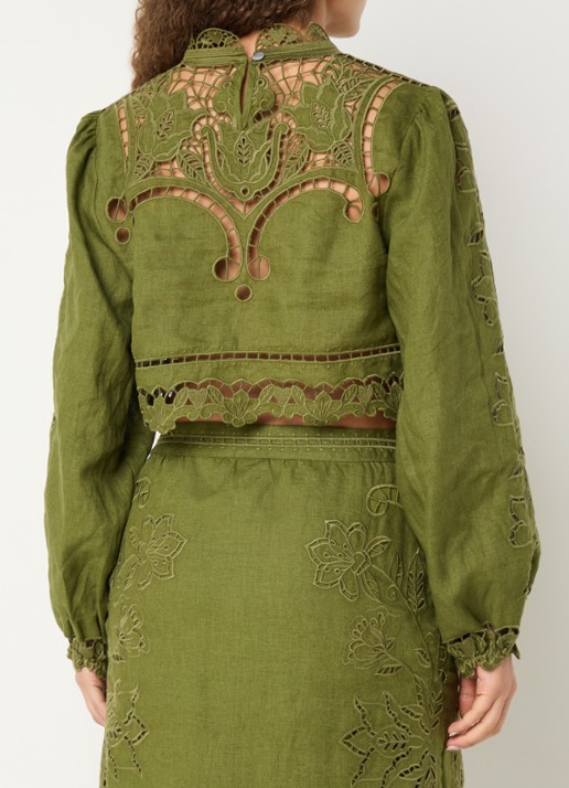 Farm Rio Majestic tuniek van linnen met broderie - achterkant mosgroen