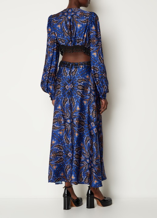 Farm Rio Martina maxi jurk van satijn met kralendecoratie - achterkant donkerblauw