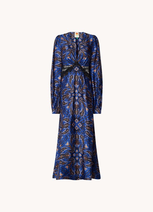 Farm Rio Martina maxi jurk van satijn met kralendecoratie - voorkant 4 donkerblauw