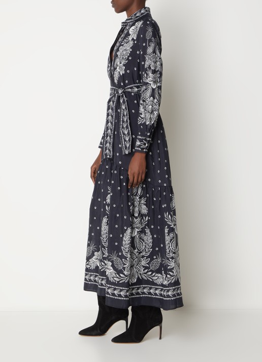 Farm Rio Maxi blousejurk met paisley dessin en strikceintuur - voorkant 3 zwart