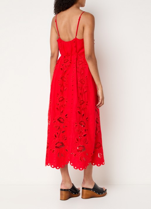 Farm Rio Maxi jurk in linnenblend met broderie en ceintuur - achterkant rood