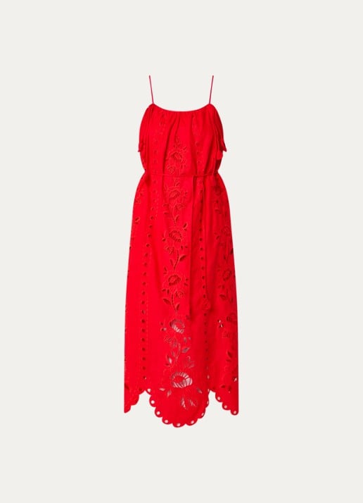 Farm Rio Maxi jurk in linnenblend met broderie en ceintuur - voorkant 3 rood