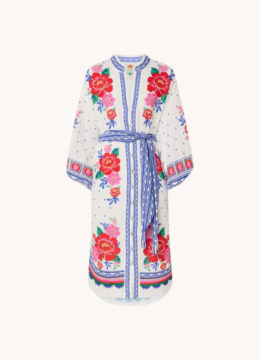 Farm Rio Midi blousejurk in linnenblend met bloemenprint - voorkant 4 gebroken wit