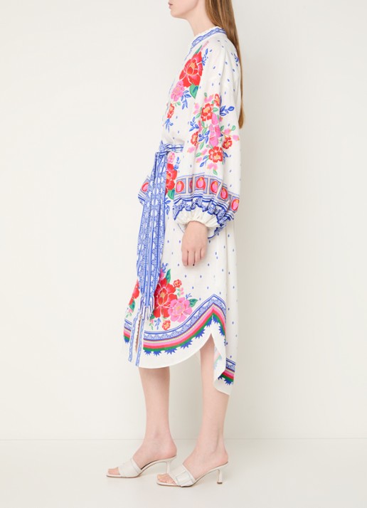 Farm Rio Midi blousejurk in linnenblend met bloemenprint - voorkant 5 gebroken wit