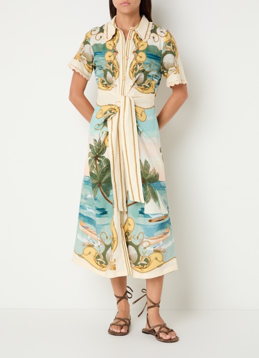 Farm Rio Midi jurk in linnenblend met strikceintuur en print