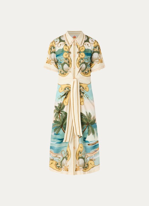 Farm Rio Midi jurk in linnenblend met strikceintuur en print - voorkant 3 gebroken wit