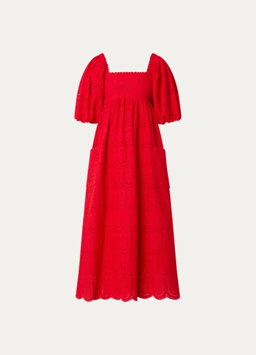 Farm Rio Midi jurk met ballonmouw en broderie - voorkant 2 rood