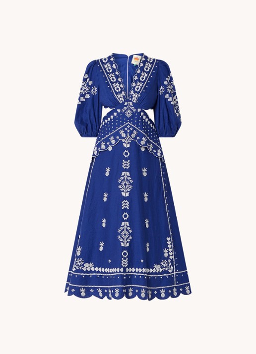 Farm Rio Midi jurk met cut-out detail en bloemborduring - voorkant 4 royalblauw