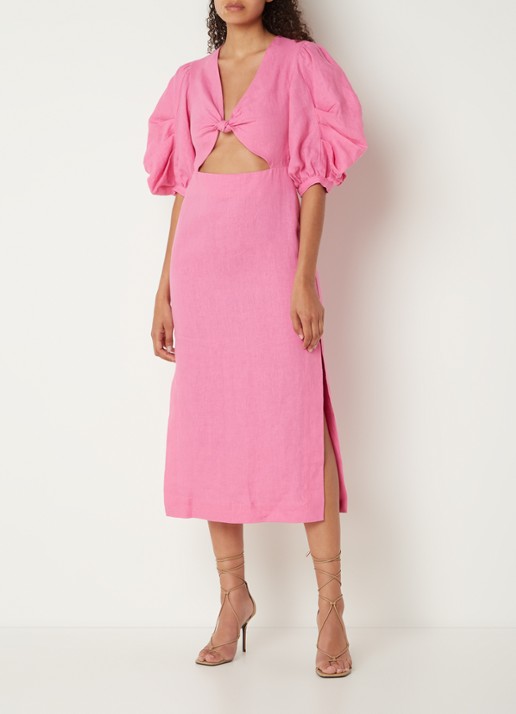 FARM Rio Midi jurk van linnen met geknoopt detail en pofmouw - detail 2 roze