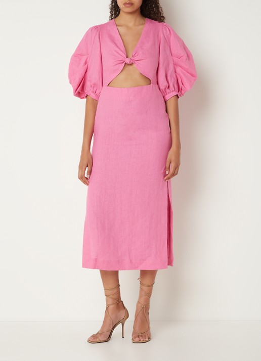 FARM Rio Midi jurk van linnen met geknoopt detail en pofmouw - voorkant 4 roze