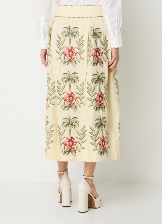 Farm Rio Midi rok in linnenblend met bloemborduring - achterkant beige