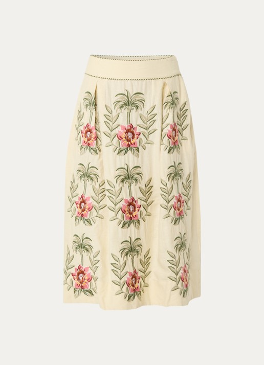 Farm Rio Midi rok in linnenblend met bloemborduring - voorkant 3 beige