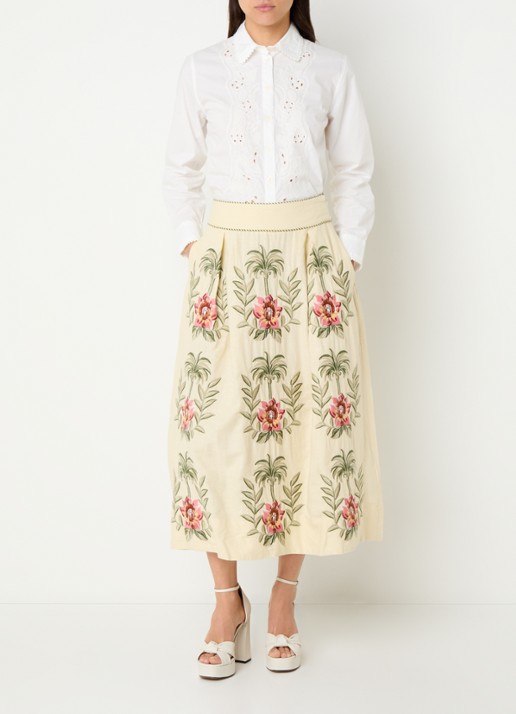 Farm Rio Midi rok in linnenblend met bloemborduring - voorkant 4 beige