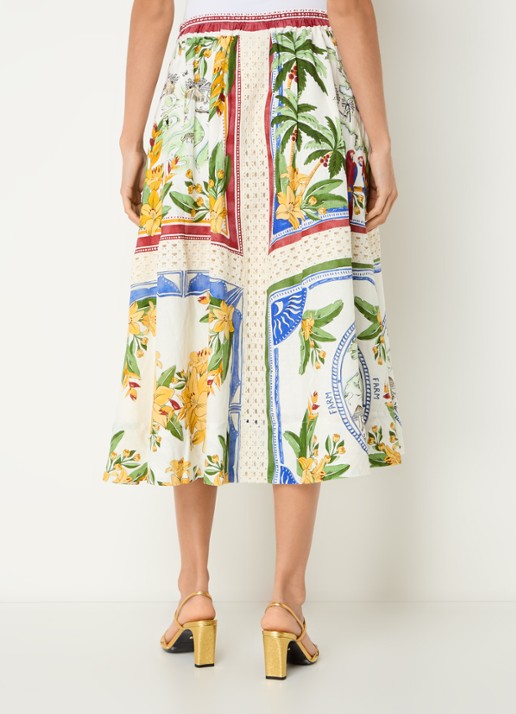 Farm Rio Midi rok in linnenblend met print en opengewerkt detail - achterkant groen