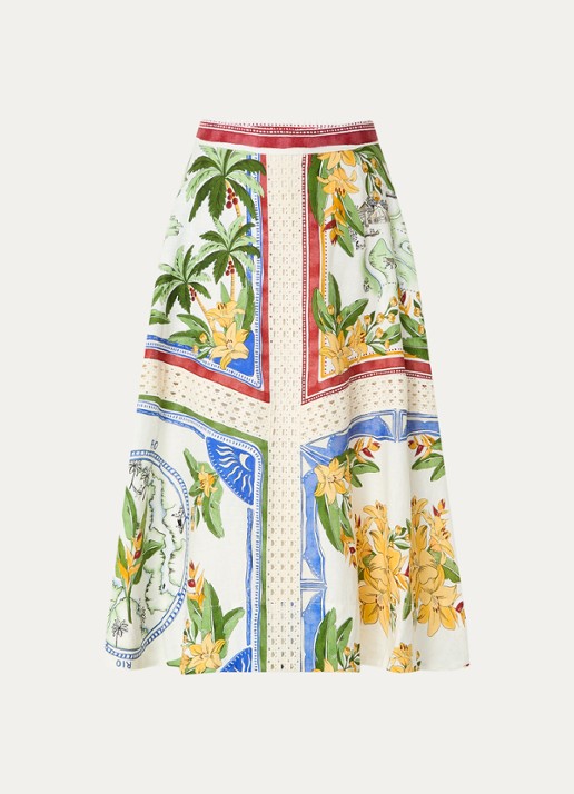 Farm Rio Midi rok in linnenblend met print en opengewerkt detail - voorkant 3 groen