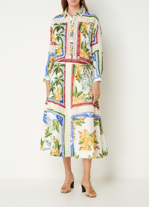 Farm Rio Midi rok in linnenblend met print en opengewerkt detail - voorkant 4 groen