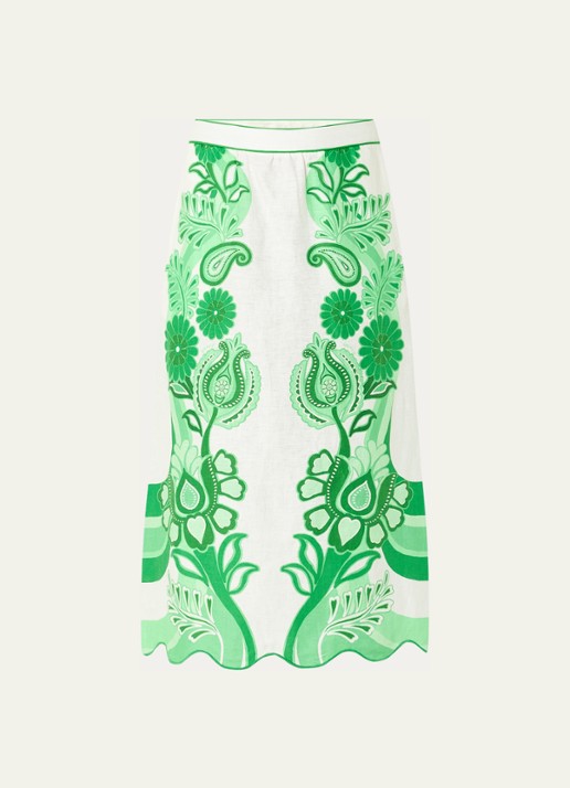 Farm Rio Midi rok van linnen met bloemenprint - voorkant groen