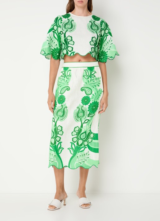 Farm Rio Midi rok van linnen met bloemenprint - voorkant 2 groen