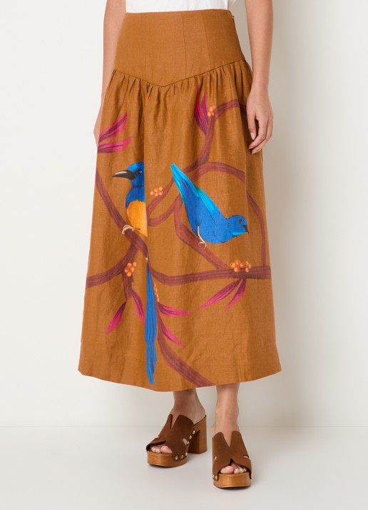Farm Rio Midi rok van linnen met print en smockwerk - detail cognac