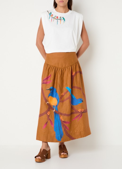 Farm Rio Midi rok van linnen met print en smockwerk - voorkant 3 cognac