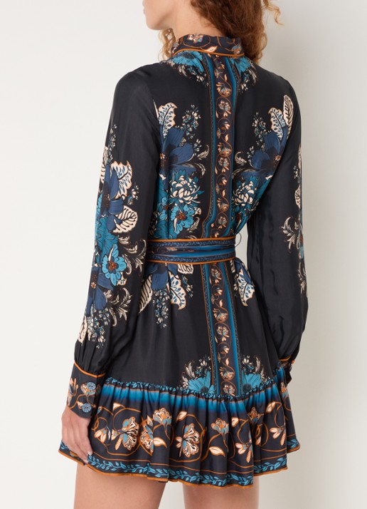 Farm Rio Mini blousejurk met bloemenprint en strikceintuur - achterkant donkerblauw