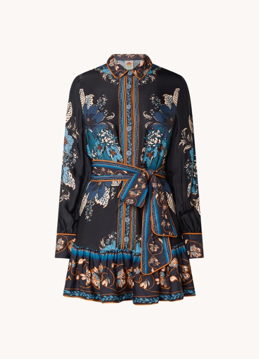 Farm Rio Mini blousejurk met bloemenprint en strikceintuur - voorkant 4 donkerblauw