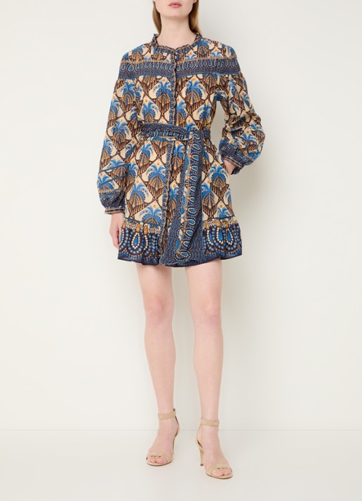 Farm Rio Mini blousejurk met print en strikceintuur - voorkant 2 beige