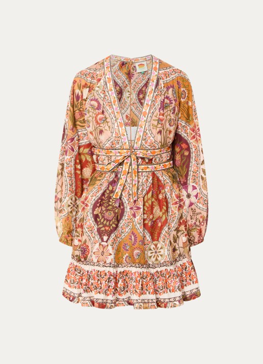 Farm Rio Mini jurk met bloemenprint en strikceintuur - voorkant 3 donkerbeige