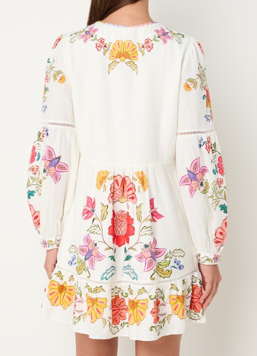 Farm Rio Mini tuniekjurk in linnenblend met bloemenprint en ballonmouw - achterkant 4 creme