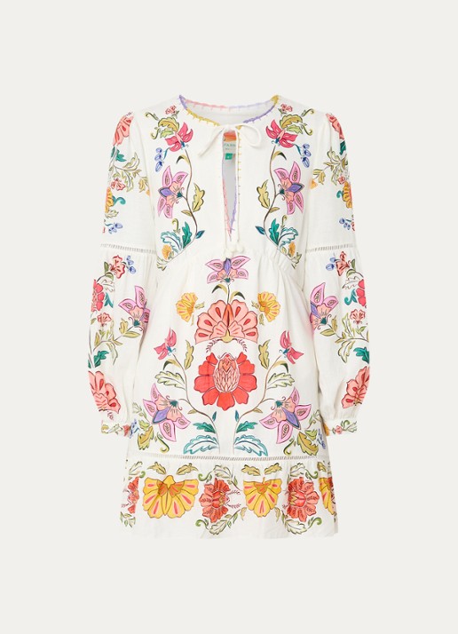 Farm Rio Mini tuniekjurk in linnenblend met bloemenprint en ballonmouw - voorkant creme