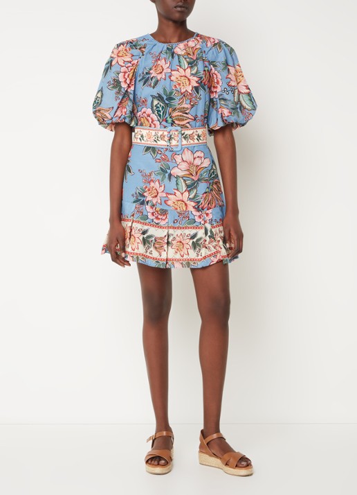 Farm Rio Mini tuniekjurk met bloemenprint en ceintuur - voorkant 5 staalblauw