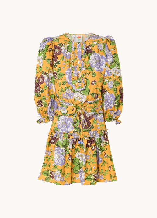 Farm Rio Mini tuniekjurk met bloemenprint en strikceintuur - voorkant 3 okergeel