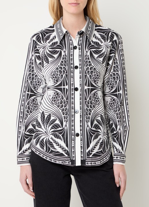 Farm Rio Monochrome blouse in linnenblend met bladprint