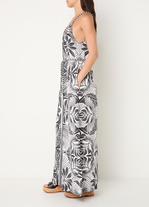 Farm Rio Monochrome wide fit jumpsuit in linnenblend met print - voorkant 2 gebroken wit