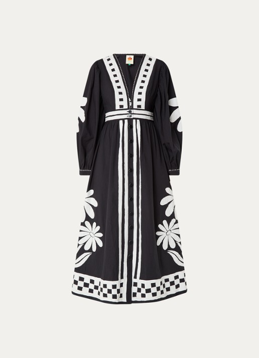 Farm Rio Nature maxi blousejurk met borduring en bloemenprint - voorkant 3 zwart
