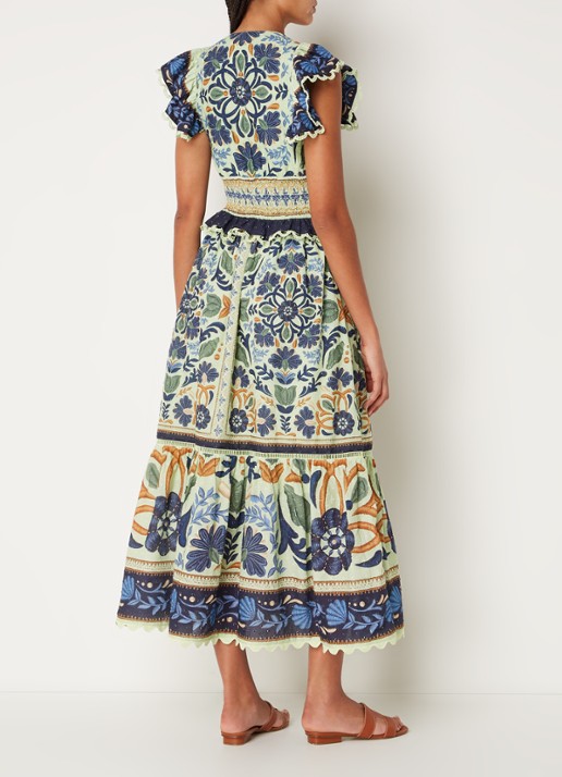 Farm Rio Ocean midi jurk met bloemenprint en smockwerk - achterkant lindegroen