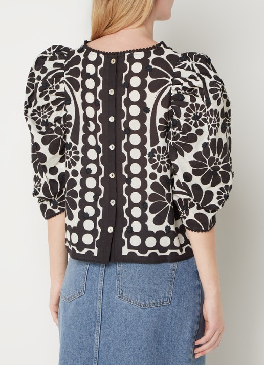 Farm Rio Palermo crop top met bloemenprint en pofmouw - achterkant zwart