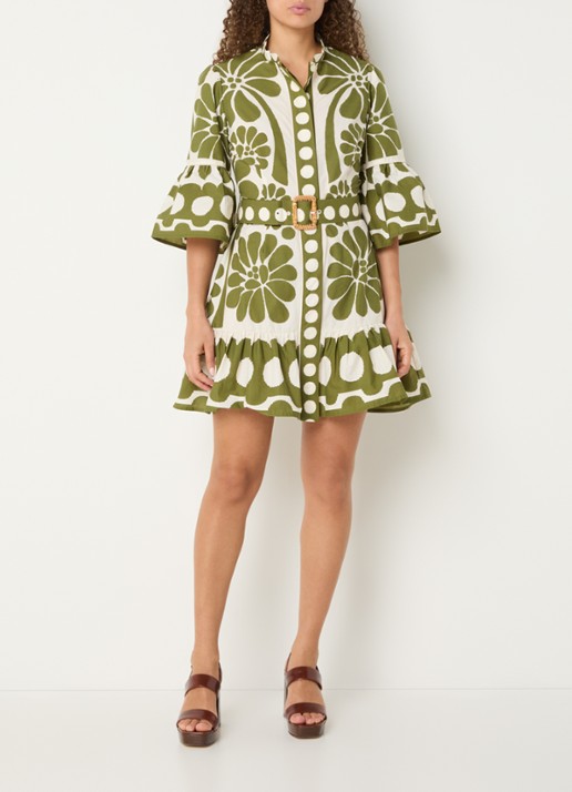Farm Rio Palermo mini jurk met ceintuur en print - voorkant 2 mosgroen
