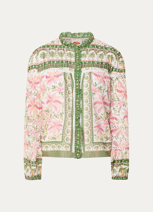 Farm Rio Palm Dream blouse met opengewerkt dessin en print - voorkant 3 groen