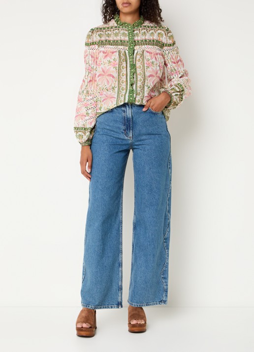 Farm Rio Palm Dream blouse met opengewerkt dessin en print - voorkant 4 groen