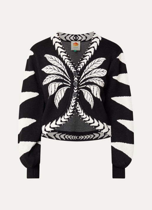 Farm Rio Palms fijngebreid vest met ingebreid patroon en kralendecoratie - voorkant zwart