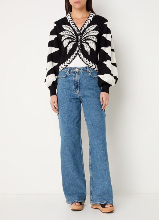 Farm Rio Palms fijngebreid vest met ingebreid patroon en kralendecoratie - voorkant 2 zwart