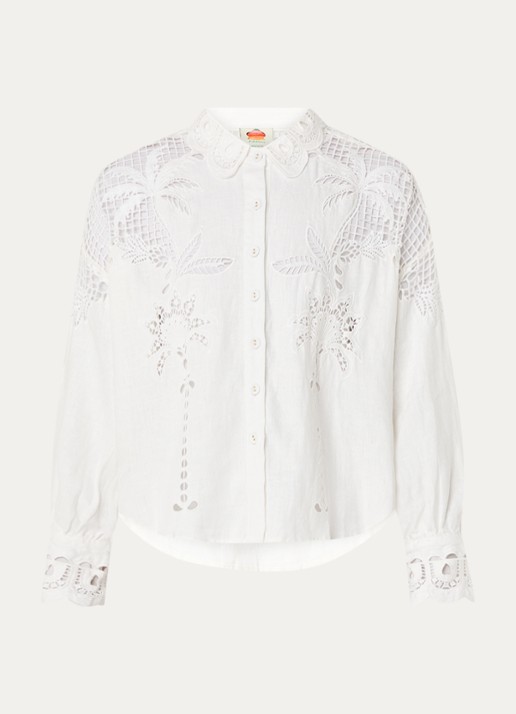 Farm Rio Palms Richelieu blouse van linnen met borduring en opengewerkt detail - voorkant 2 gebroken wit