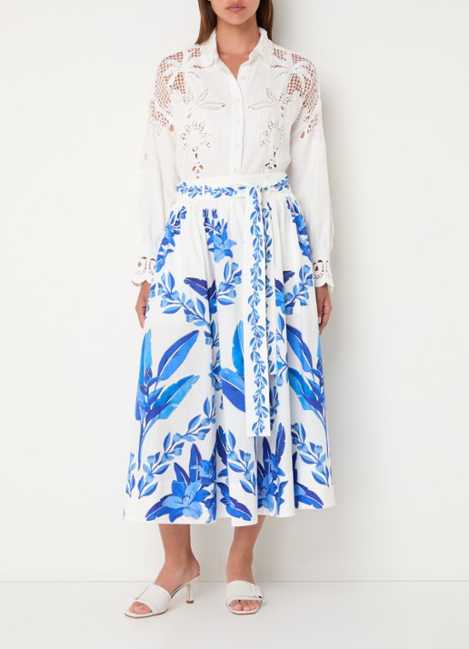 Farm Rio Palms Richelieu blouse van linnen met borduring en opengewerkt detail - voorkant 3 gebroken wit