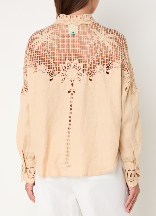 Farm Rio Palms Richelieu blouse van linnen met borduring en opengewerkt detail - achterkant zand