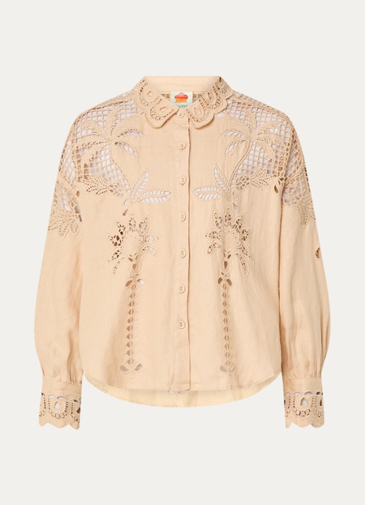 Farm Rio Palms Richelieu blouse van linnen met borduring en opengewerkt detail - voorkant 2 zand