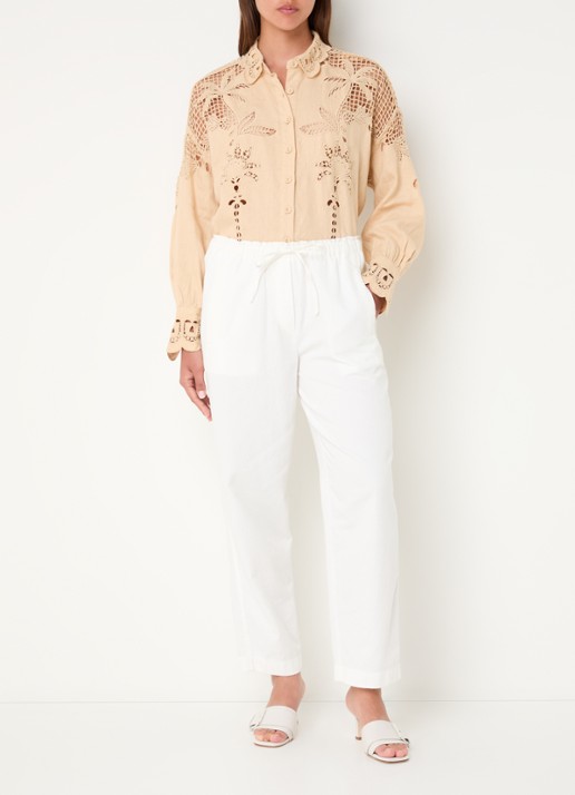 Farm Rio Palms Richelieu blouse van linnen met borduring en opengewerkt detail - voorkant 3 zand