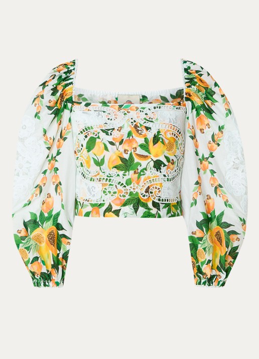 Farm Rio Papaya Salad crop top met print en opengewerkt dessin - voorkant 3 gebroken wit